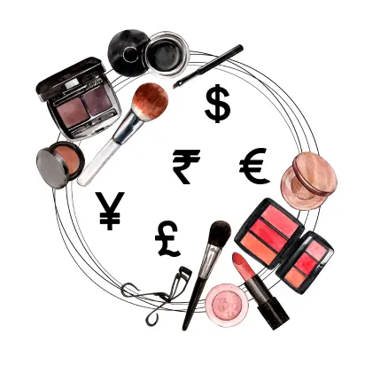 Makeup products such as lipstick, blush, highlighter, brush surrounded by currency symbols